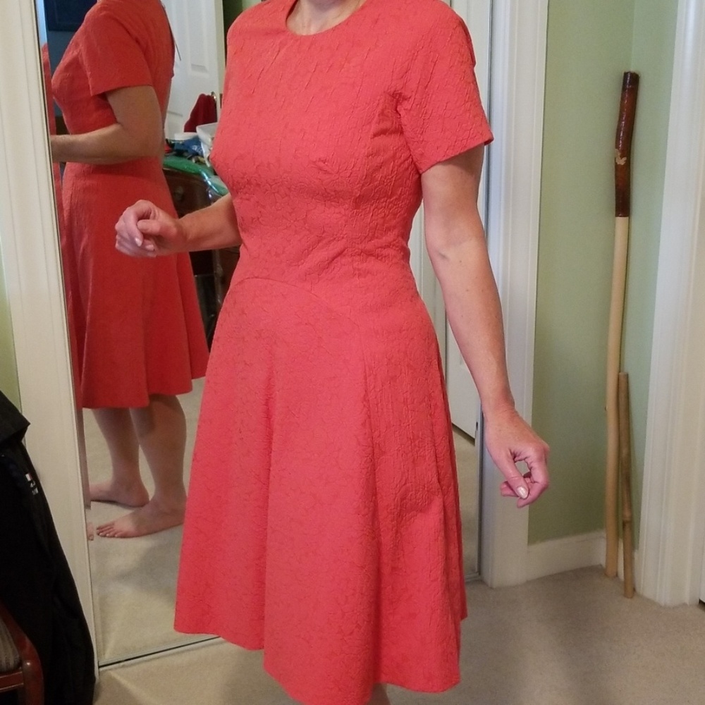 Lela Rose Floral Imprint Coral Seamed Dress